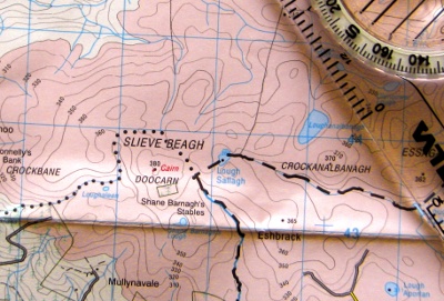 Map and compass image showing Slieve Beagh and parts of Monaghan, Tyrone and Fermanagh